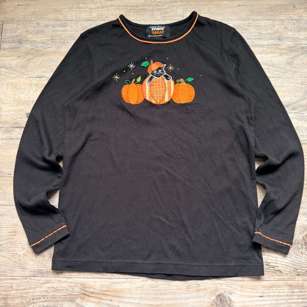 Halloween Shirt Designers Originals Studio Treat Black Cat Pumpkin Shirt Medium